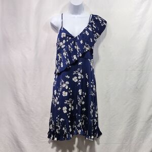 Lucy Paris Dillards Floral Dress Women's L Blue Ruffle Retro Cocktail Party 90s